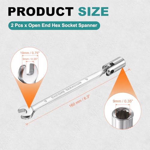HARFINGTON 2 Pcs 9mm Swivel Head Socket Combination Spanner Wrench CR-V Steel Rotary Torx Socket Head Open End Wrenches Spanner Mirror Polishing for Auto Car Repairing - size: 9mm