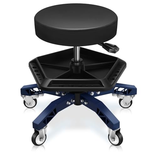 Auto Dynasty Rolling Mechanic Stool, Height Adjustable Heavy Duty Roller Creeper Garage Shop Seat with Padded Seat and Tool Storage Tray for Workshop Auto Repair, 300 LBS Capacity, Blue - color: Blue (w/Tool Storage Tray)