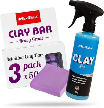 MaxShine Clay Bar & Lube Kit – 3-Pack Heavy Grade Magic Clay Bars (150g) + 16oz Clay Lube Spray – Removes Surface Contaminants & Protects Paint, Glass, Plastic, Metal – Car Detailing Clay System