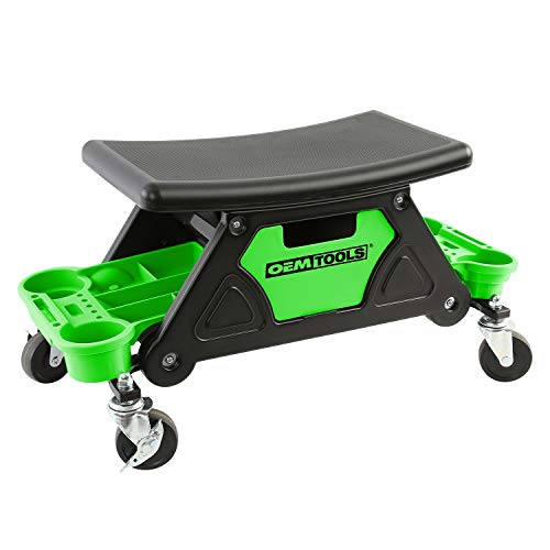 OEMTOOLS 24986 Heavy-Duty Rolling Workbench and Creeper Seat, Mechanics Stool with Wheels, Creepers, Shop Stools with Wheels, Automotive, Green and Black 300 LB Capacity | Molded Creeper Seat & Frame, 4 Multi-Purpose Cup Holders, Sliding Front Drawer for
