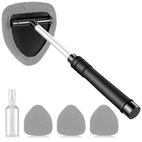 JUSTTOP Windshield Cleaner Tool, Car Interior and Exterior Window Cleaning Kit with Extendable Handle & 4 Reusable Microfiber Pads, Auto Glass Wiper Brush Kit for Car & Home Windows (Grey) - color: Gray