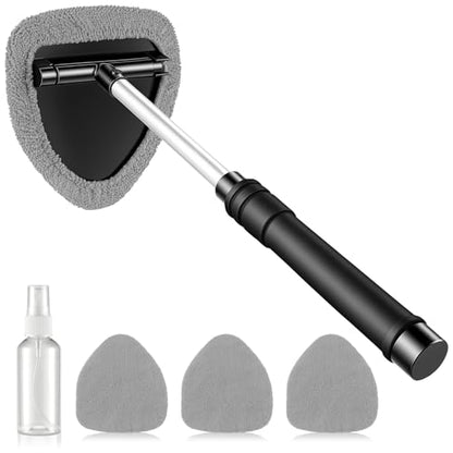 JUSTTOP Windshield Cleaner Tool, Car Interior and Exterior Window Cleaning Kit with Extendable Handle & 4 Reusable Microfiber Pads, Auto Glass Wiper Brush Kit for Car & Home Windows (Grey) - color: Gray
