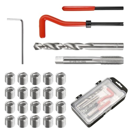 25PCS 3/8-16 inch Thread Repair Kit SAE, with Carry Case | Thread Repair Insert Kit with HSS Drill Bits Thread Inserts Taps Breakoff Installation Tool, for Rethreading Internal Threads - size: 3/8-16 inch