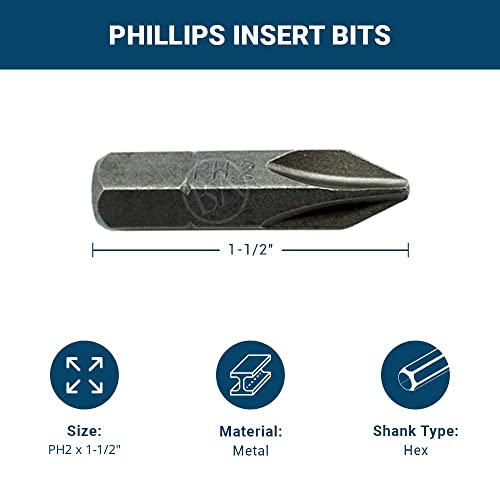 Benchmark Abrasives 1/4 Inch Hex Anti Slip Phillips Insert Screw Head Screwdriver Bits, Rotary Drill Bits for Repairing Electronics, Automotive Parts, Furniture (50 Pack) - (PH2 x 1-1/2") - size: PH2 x 1-1/2"