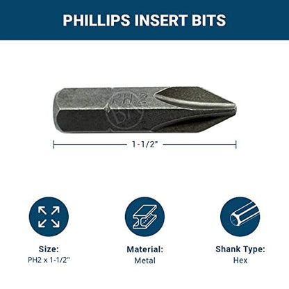 Benchmark Abrasives 1/4 Inch Hex Anti Slip Phillips Insert Screw Head Screwdriver Bits, Rotary Drill Bits for Repairing Electronics, Automotive Parts, Furniture (50 Pack) - (PH2 x 1-1/2") - size: PH2 x 1-1/2"