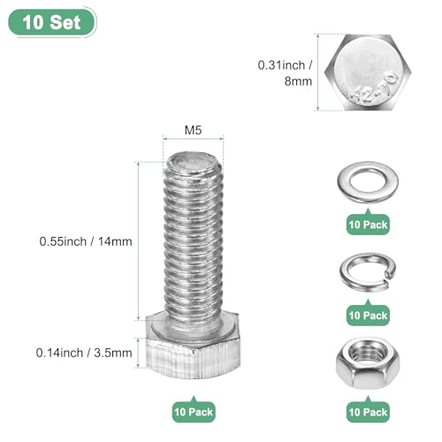 M METERXITY 10-Pack Hex Head Screw Bolt with Nuts Flat & Lock Washers M5x14mm Stainless Steel Bolts and Nuts Kit Fully Threaded Metric Bolt Assortment for Equipment/Machinery - size: M5x14mm
