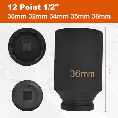 SSN 1/2 Inch Impact Socket Set Heavy Duty Drive Impact Socket Set 12 Point Metric 30mm 32mm 34mm 35mm 36mm Axle Nut Socket Set with Portable Case (5PCS) - color: 30-36mm(5pcs)