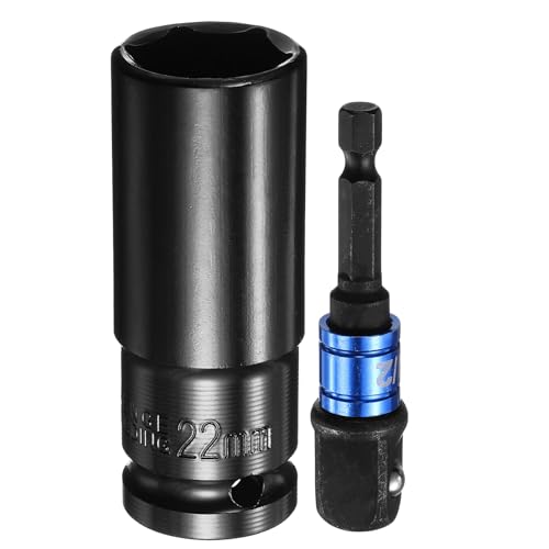 HARFINGTON Deep 6-Point Impact Socket 1/2" Drive 22mm Metric Socket 3" Length with 1/4" Hex Shank Adapter, CR-V Steel Socket Adapter Accessory Tool Set Kit for Hex Bolts Nuts - size: 22mm
