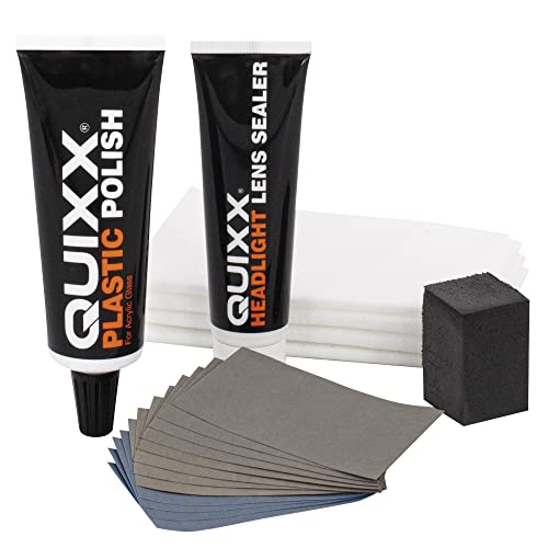 QUIXX QHRK1 Reliable Headlight Restoration Kit, Includes 50g Headlight Polish, 30ml Sealing, Sanding & Polishing Block, 12 Abrasive Papers and 4 Polish Cloths, Can Save a Vehicle from an MOT Failure, Increase Safety - style: Headlight Restoration Kits