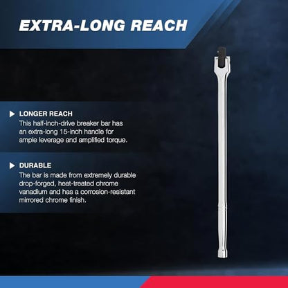 Neiko 00200A 1/2" Drive Extension Breaker Bar | 15" Length | Rotating Flex Head | CR-V Steel - size: 15" Length, style: 1/2" Drive
