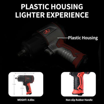 AEROPRO TOOLS 1/2-Inch Composite Air Impact Wrench(A315), Twin Hammer, 1220 FT-LBS Max Loosening Torque, 8000RPM, Pneumatic Impact Gun, for Auto Repair, Tire Shop (Lightweight Housing) - style: 1220 ft-lbs | Lightweight Housing