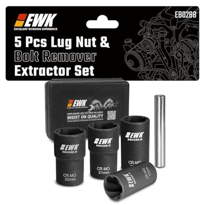 EWK 5 Pcs Lug Nut & Bolt Remover Extractor Set, 1/2 in Drive Twist Socket Lug Nut Removal Tool with Drift Punch Bar, 17mm 19mm 21mm 22mm CR-MO Bolt Extractor Sockets - style: Twist Socket Set