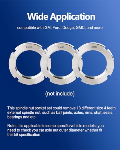 13pc Spindle Nuts Socket Kit Ball Joints Axle Locknut Remove Install Locking Hub Socket for KM Groove Nuts Compatible with GM Ford GMC and Dodge, 4 Teeth Exterior with 1/2'' Drive KM Socket - size: External Teeth