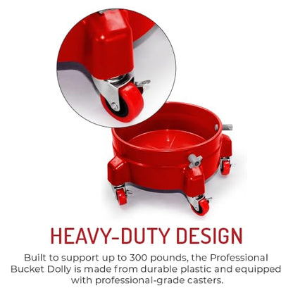 Heavy Duty Car Wash Bucket Dolly with 360° Swivel Casters | Fits 3.5–7 Gallon Buckets | 300 lb Capacity | Soap Holder | Rolling Pail Stand for Auto Detailing |Red - color: Red