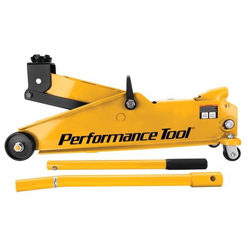 Performance Tool W1619 3 Ton Trolley Jack and Jack Stands: 6000 lb Capacity, 5.75-17.125-in Lift, 11.25-16.75-in Height Ratchet-Style Jack Stands, Swivel Casters and Steel Wheels, High-Viz Yellow