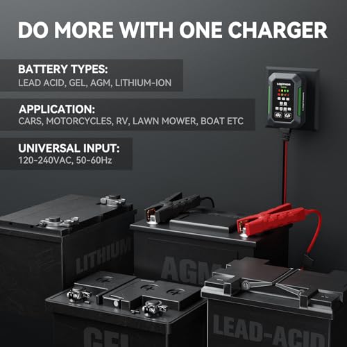 LOKITHOR BC2 Car Battery Charger 2A/1A/750mA Adjustable Currents, 6V/12V Automatic Battery Maintainer, Trickle Charger & Desulfator with Overcharge Protection, Double Pulse Repair, Forced Charging