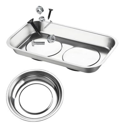 2 PCS Magnetic Parts Tray Set, Stainless Steel 9.4"×5.4" Square and 4" Round Magnetic Trays, Mechanic Tool Tray Holder for Screw, Sockets, Bolts, Nuts, Small Metal Parts - color: 9.4"×5.4" Square+4" Round