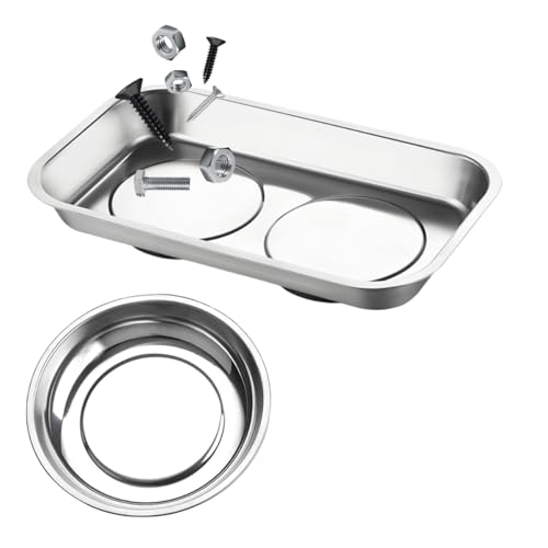 2 PCS Magnetic Parts Tray Set, Stainless Steel 9.4"×5.4" Square and 4" Round Magnetic Trays, Mechanic Tool Tray Holder for Screw, Sockets, Bolts, Nuts, Small Metal Parts - color: 9.4"×5.4" Square+4" Round