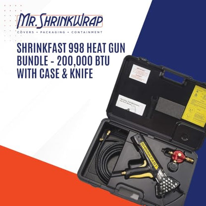 Mr. Shrinkwrap Bundle - Shrinkfast 998 Propane Heat Gun, 200000 BTU, Ready to Use with 25' Hose, Regulator, Wrench, Hard Case, 4' Angled Extension, and Shrink Film Knife Made in the USA - size: Bundle with 4' Extension