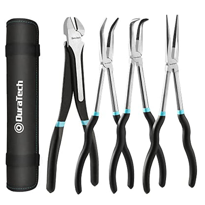 DURATECH 4 PCS Extra Long Needle Nose Pliers Set, Premium CRV Steel, 11" Long Reach Straight & 90° Bent Nose & 45°Bent Nose & Diagonal Pliers for Hard-to-Reach Narrow Spaces
