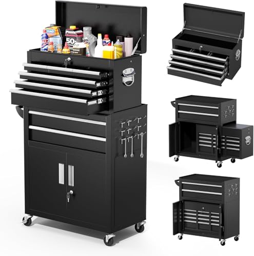 Greenvelly Tool Chest, 8-Drawer Rolling Tool Cart with Hooks, Tray Divider, Liners, 2 in 1 Detachable Tool Cabinet, Metal Tool Storage Cart, Tool Box for Garage Workshop(Black) - color: Black, size: 8 Drawers