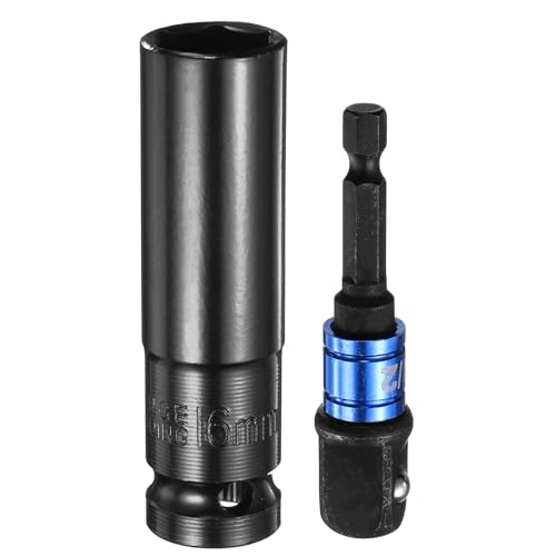 HARFINGTON Deep 6-Point Impact Socket 1/2" Drive 16mm Metric Socket 3" Length with 1/4" Hex Shank Adapter, CR-V Steel Socket Adapter Accessory Tool Set Kit for Hex Bolts Nuts - size: 16mm