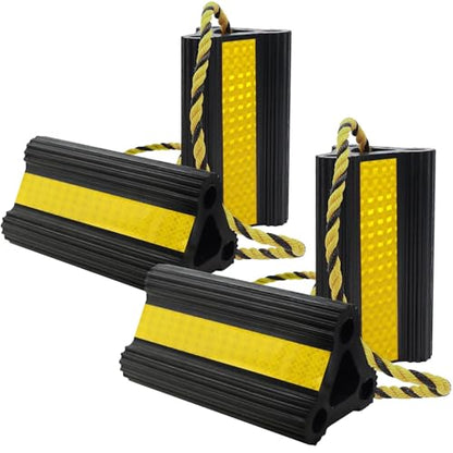 Wheel Chocks for RV Trailer Camper Trucks and Aircraft, Versatile Heavy Duty Rubber Wheel Chocks Block with 3 Reflective Strips, Tire Wheel Immobilizers & Chocks, [2pair/4pack with Rope]RV Accessories - size: 8.21"2pair4pack