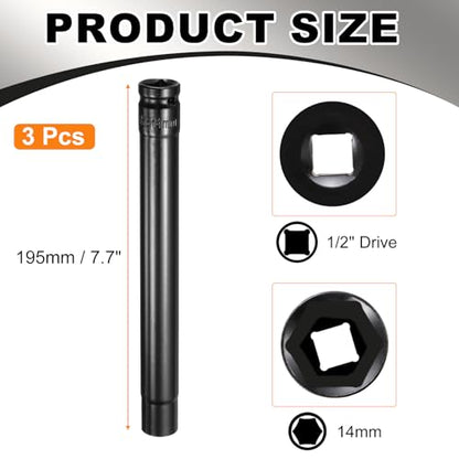 HARFINGTON 3pcs 6-Point Deep Impact Socket 1/2" Drive 14mm Metric Socket 7.7" (195mm) Extra Long Heat-Treated 45# Steel for Home Auto Spindle Axle Hex Nuts Bolts Repair, Black - size: 14mm + 7.7" Long
