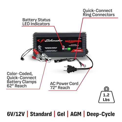 Schumacher Electric 1.5A Car Battery Charger and Maintainer, 3-in-1 Solution, for 6V/12V Power Sport, Automotive, and Marine Batteries, SC1355