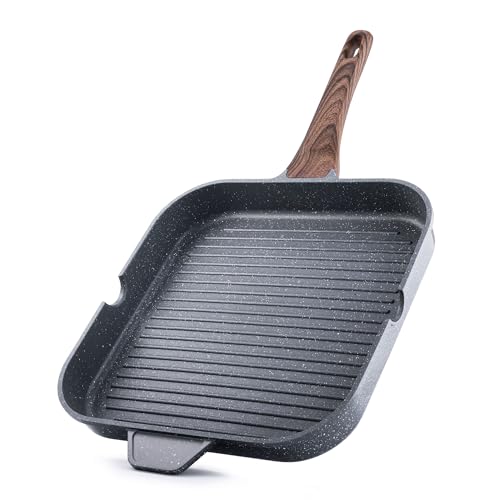 SENSARTE Nonstick Grill Pan for Stove Tops, Versatile Griddle with Pour Spouts, Square Big Cooking Surface, Durable Skillet Indoor & Outdoor Grilling. PFOA Free,12Inch - color: Gray Granite, size: 12 Inch
