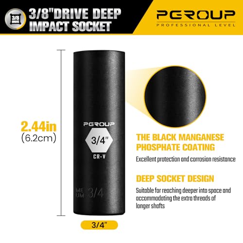 3/8” Drive Deep Impact Socket, SAE(3/4 Inch socket), 6-Point, Cr-V Steel With Black Manganese Phosphate Coating - size: 3/4-inch
