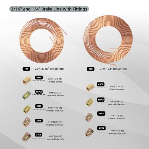Wostore 25 FT 3/16"+1/4" Copper Coated Brake Line Kit with 44 Brass Fittings & Double/Single Flaring Tool Kit, Complete Brake Line Repair Solution for Cars, Trucks, Motorcycles