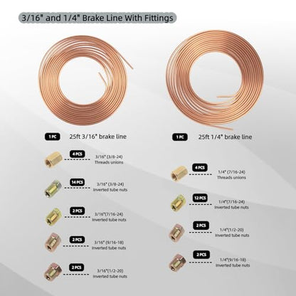 Wostore 25 FT 3/16"+1/4" Copper Coated Brake Line Kit with 44 Brass Fittings & Double/Single Flaring Tool Kit, Complete Brake Line Repair Solution for Cars, Trucks, Motorcycles