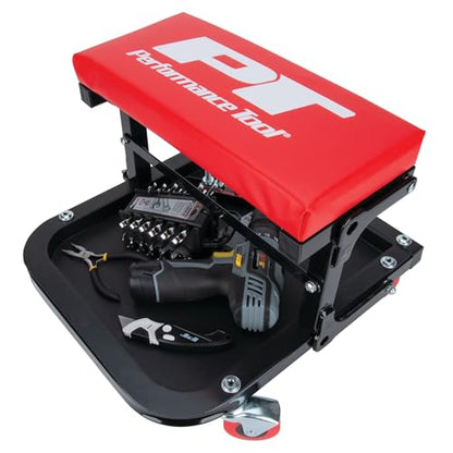 Performance Tool W85021 Folding C-Frame Creeper Rolling Work Seat with Tool Tray for Mechanic Garages and Workshops, Black/Red, 12.5-inch Height - style: C-Frame Seat (Folding)