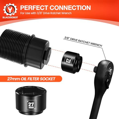 BLACKROBOT 27mm Low Profile Oil Filter Socket, 3/8" Drive 6-Point Oil Filter Cap Remover and Installer Tool, Chrome Vanadium Steel - size: 27mm