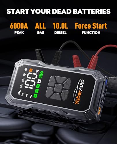 YaberAuto 10-in-1 Jump Starter with Air Compressor 6000A 150PSI Car Battery Jump Starter (All Gas/10L Diesel) 12V Jump Box Car Battery Jumper Starter Portable Jumper Cables, 150W DC, Gloves, Lights - size: 6000A