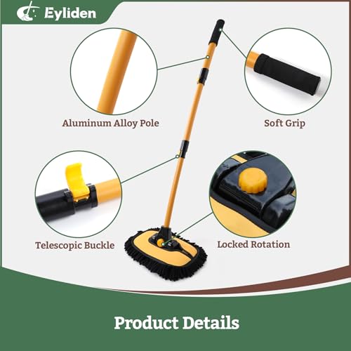 Eyliden Car Wash Brush Mop with Long Handle for Car Truck RV, Yellow | 90° Swivel Head with 45° Angle Lock, 2 Scratch-Free Microfiber Heads, Car Detailing Kit, 41.9" Adjustable Handle - color: Yellow & Black