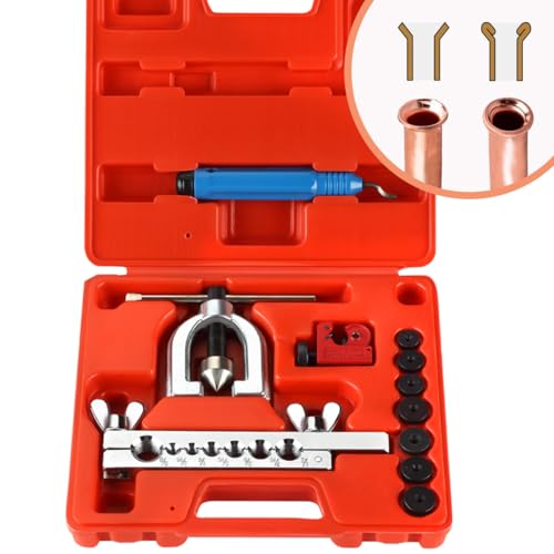 Wostore 45° Double Flaring Tool Kit, 7 Adapters with Cutter & Deburrer | 45° single & double flare tool with 7 adapters. Includes tube cutter & deburrer. For brake line, hydraulic & copper tubing. - size: Flaring Tool Kit