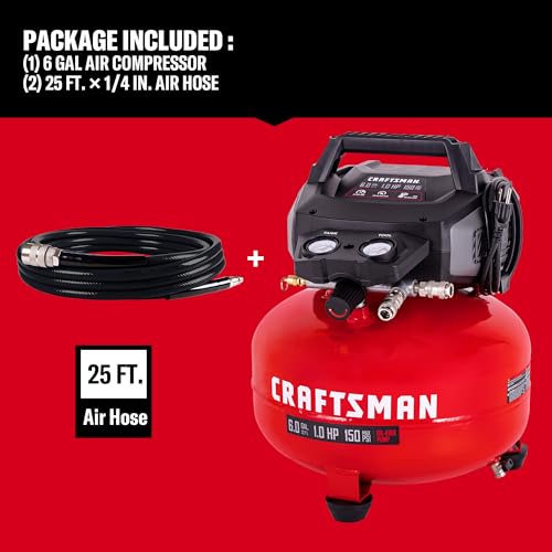 CRAFTSMAN 6-Gal 150 PSI Oil-Free Pancake Air Compressor with 25-ft Hose | 2.6 SCFM at 90 PSI with Dual Couplers for Nailers, Tire Inflation, and Woodworking