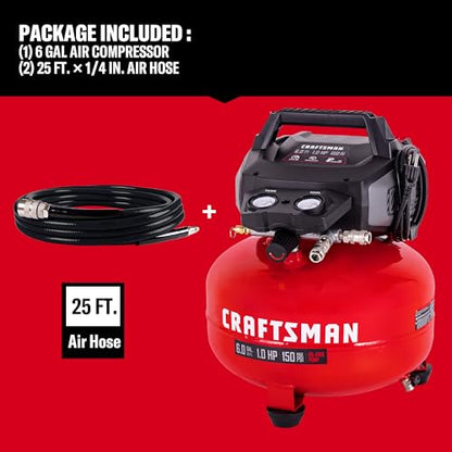 CRAFTSMAN 6-Gal 150 PSI Oil-Free Pancake Air Compressor with 25-ft Hose | 2.6 SCFM at 90 PSI with Dual Couplers for Nailers, Tire Inflation, and Woodworking