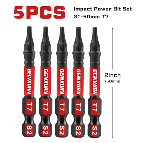 Geinxurn 5 Pieces T7 Impact Tough Magnetic Screwdriver Bit Set, 2 In. #7 Torx Head power Bit Set, S2 Alloy Steel T7 Star Bit - size: 2"-5PCS, style: T7