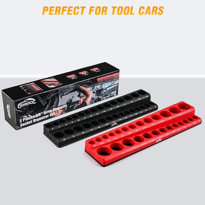 GOOACC 3/8" Magnetic Socket Organizer, 2 Pieces Metric & SAE Socket Drive Holders 3/8 inch Socket Organizer Tray Holds 56 Standard Sockets for Toolboxes - size: 2PCS 3/8" SAE & Metric Red Black