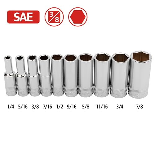 Ingersoll Rand 10 Pc. 3/8" Drive Deep Socket Set, SAE 6-Point, Chrome Vanadium Steel, 1/4"–7/8" with Storage Tray – 752050X - size: 3/8 in. Drive Deep Socket Set, style: SAE