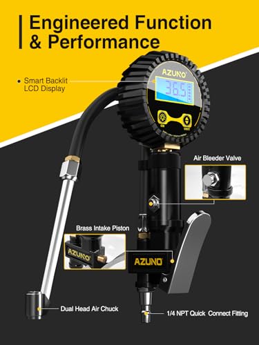 AZUNO Digital Tire Inflator with Pressure Gauge, 200 PSI, Heavy Duty Air Compressor Accessories, with Rubber Hose Lock on Air Chuck and Quick Connect Coupler, Comes with a Portable Carrying Box - size: Standard with Case