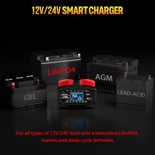 YONHAN Battery Charger 0-15A 12V/24V Adjustable Current | LiFePO4 Car Battery Charger, Battery Maintainer Automatic Trickle Charger, Battery Desulfator w/Temp Compensation