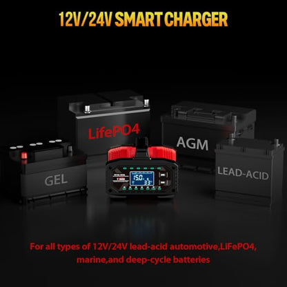 YONHAN Battery Charger 0-15A 12V/24V Adjustable Current | LiFePO4 Car Battery Charger, Battery Maintainer Automatic Trickle Charger, Battery Desulfator w/Temp Compensation