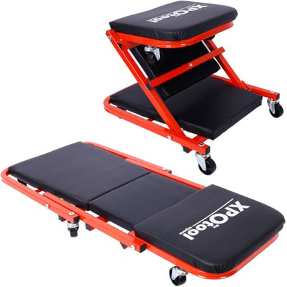 2-in-1 Mechanic Creeper Seat, 36" Folding Garage Creeper & Stool, 300 lbs Capacity, Padded Headrest, 6 Swivel Casters, Heavy Duty Steel Frame,Red - color: Red