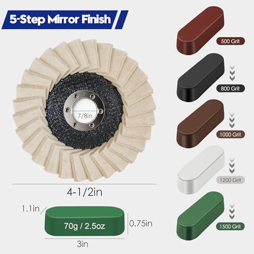 11PCS 4-1/2" Wool Felt Polishing Discs & Polishing Compounds Set | 7/8" Thicken Arbor Polishing Wheel for Angle Grinder, Fiberglass Backing, High Density Wool Felt Flap Disc for Mirror Finish