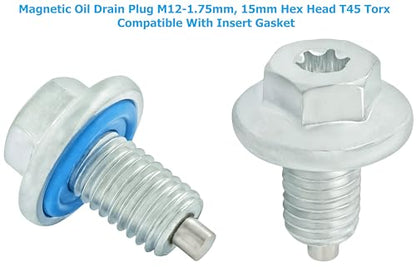2PCS Magnetic Oil Drain Plug M12-1.75, 15mm Hex Head T45 Torx Compatible with Insert Gasket, More 5PCS Gasket, fit for GMC, Buick, Cadillac, Chevrolet, Replace GM 55577568, 090-948, 090-948CD
