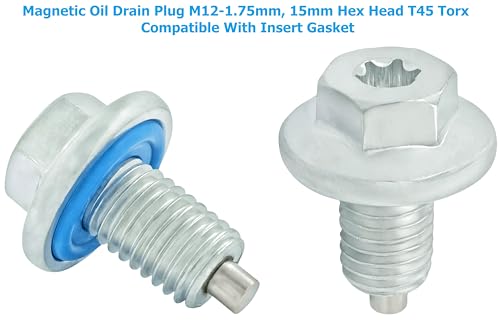 5PCS Magnetic Oil Drain Plug M12-1.75, 15mm Hex Head T45 Torx Compatible with Insert Gasket, More 5PCS Gasket, fit for GMC, Buick, Cadillac, Chevrolet, Replace GM 55577568, 090-948, 090-948CD